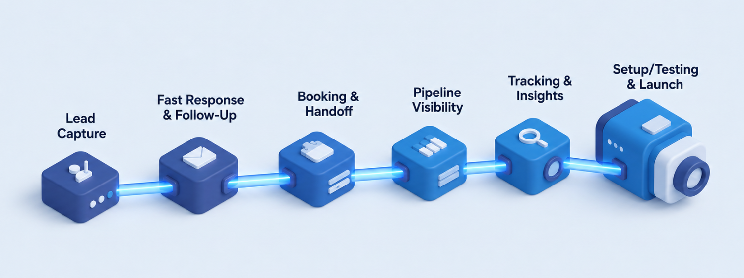The six connected pieces of a Revenue Engine installation: lead capture, fast response and follow-up, booking and handoff, pipeline visibility, tracking and insights, and setup, testing and launch.
