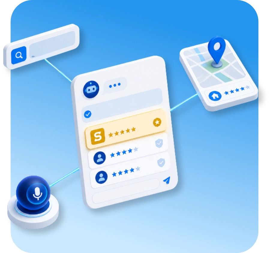 Isometric graphic of an AI assistant answer recommending a contractor, connected to search, map listing and voice assistant panels