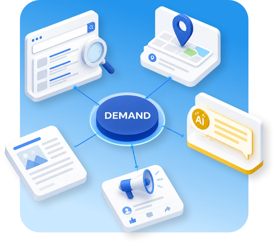 Isometric graphic of a demand hub connected to search results, a map listing, an AI answer, content and social panels
