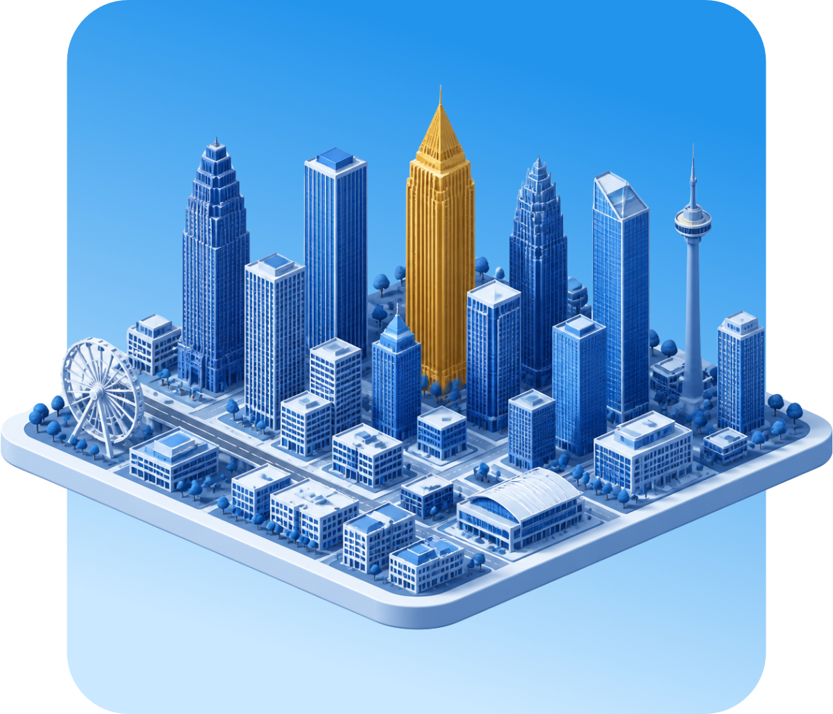 Isometric illustration of the Atlanta skyline in the Slaidel brand blues with a single gold accent tower