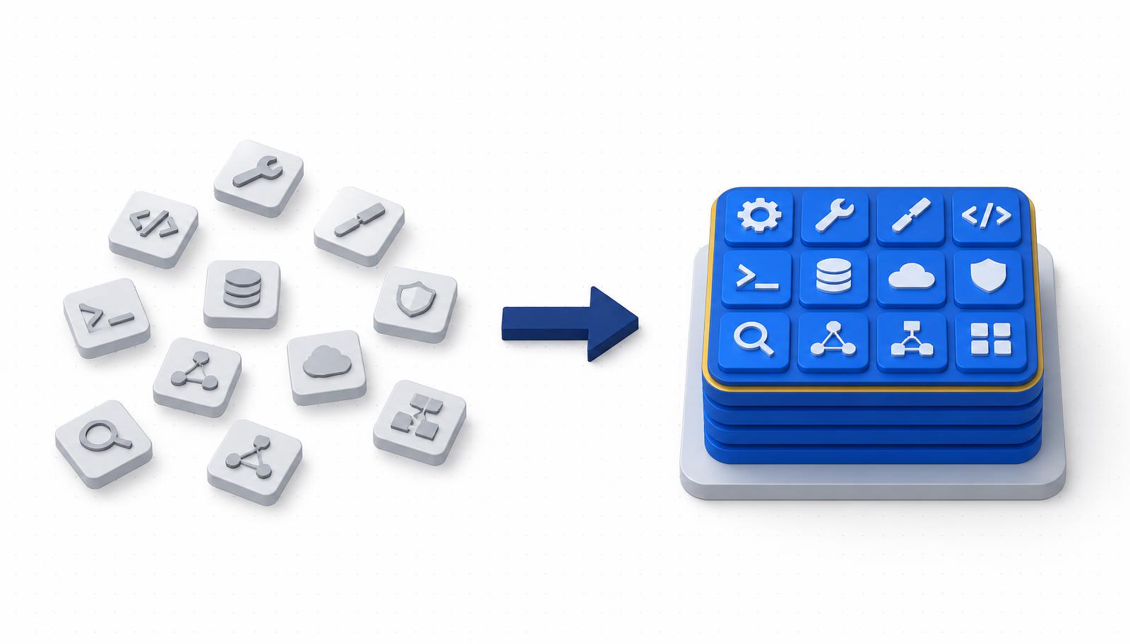 Isometric diagram of scattered tools consolidated into one stacked system