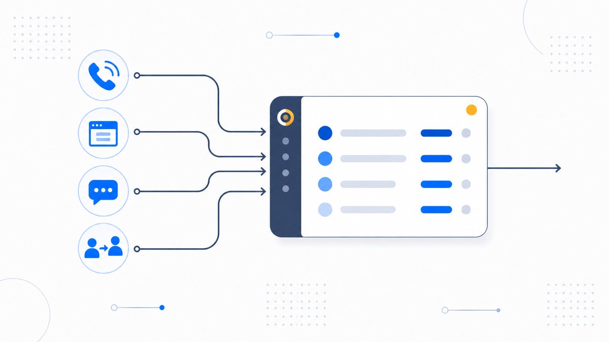 Leads from phone, web form, text, and referrals flowing into one shared system showing owner, stage, and last-touched time