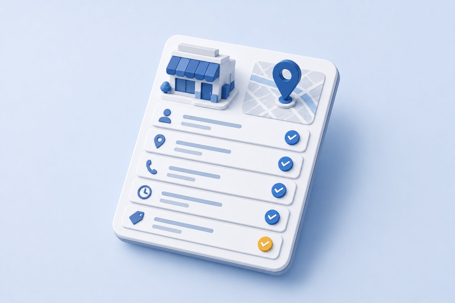 Isometric diagram of a completed Google Business Profile with accurate name, address, phone number, and hours