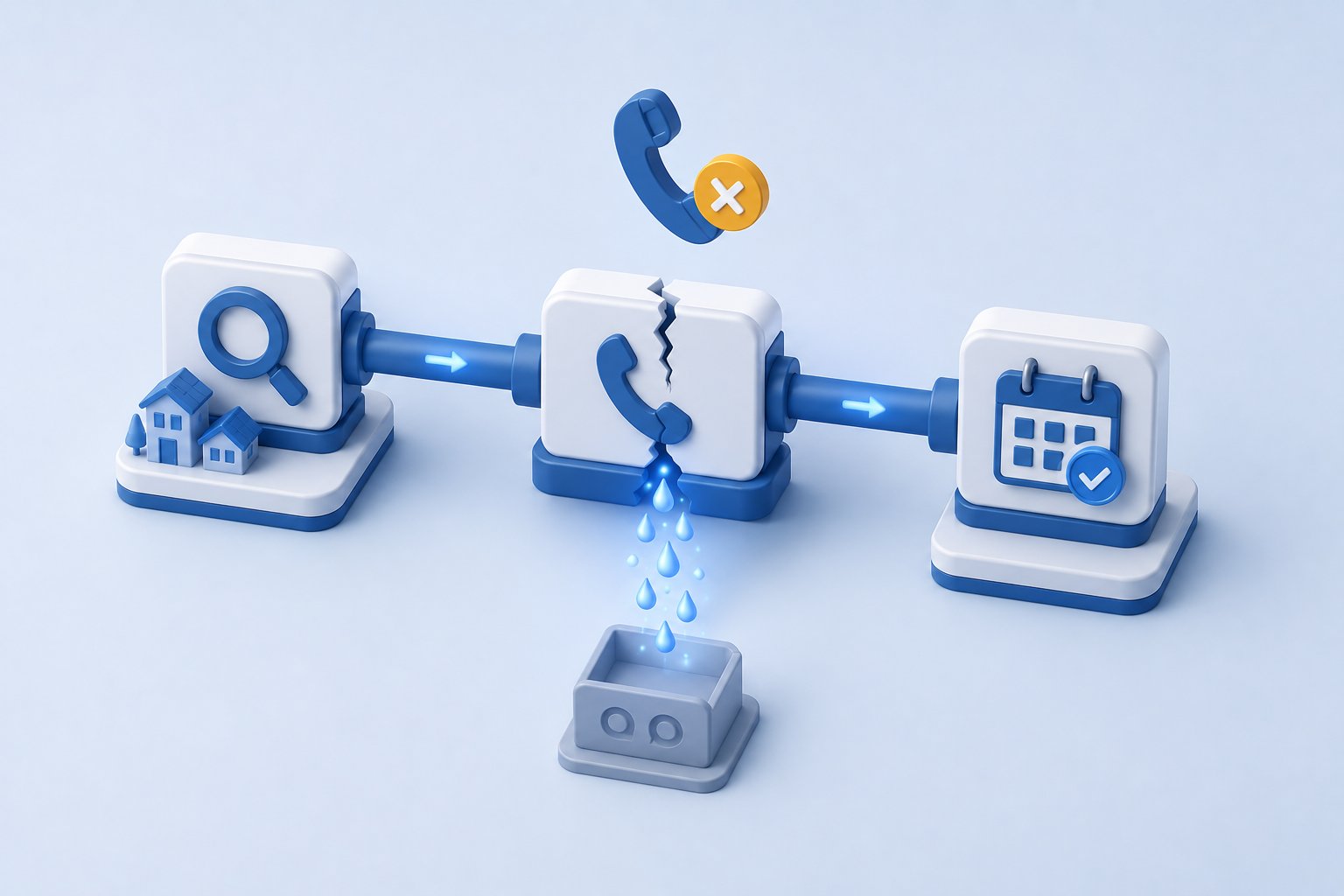 Isometric diagram showing missed calls draining revenue from a local-search pipeline