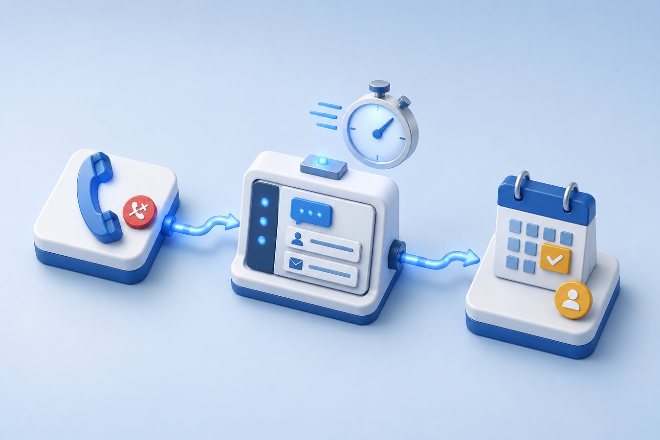 Isometric diagram of a missed call routed through a CRM into a booked calendar slot