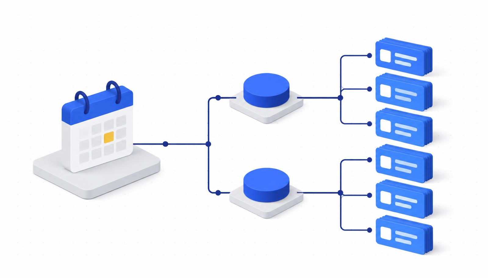 Isometric diagram of a seasonal calendar feeding two routing nodes into stacks of job cards