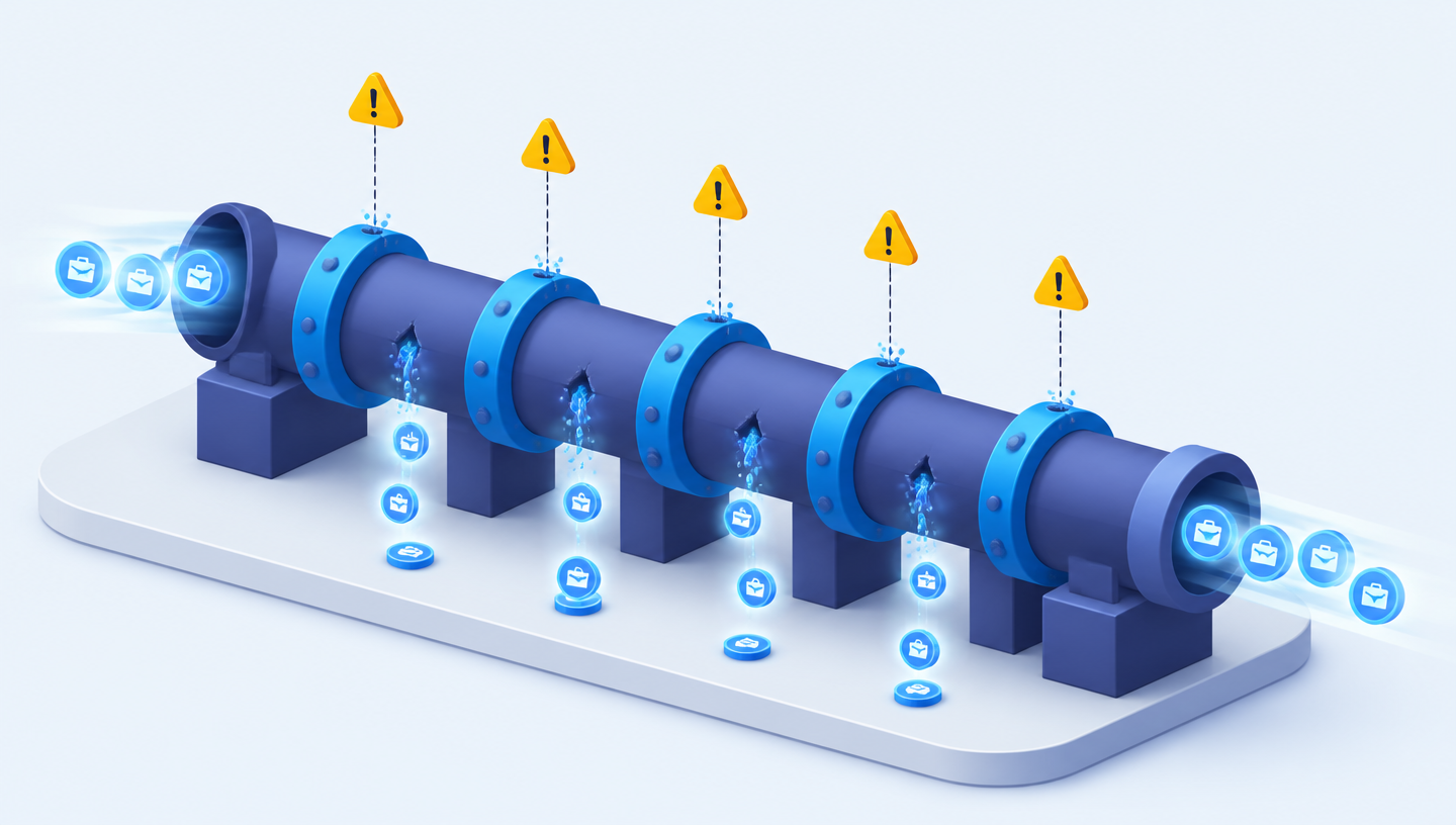 Isometric diagram of a revenue pipeline with five leak points where booked jobs drip out