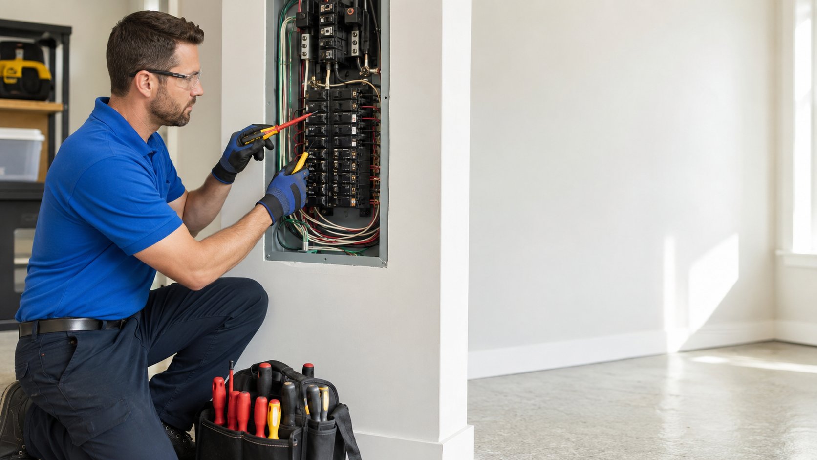 Licensed electrician working in an electrical panel.