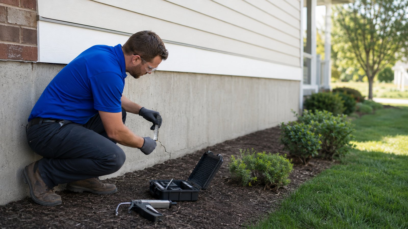 Foundation repair specialist inspecting a home's foundation or basement.
