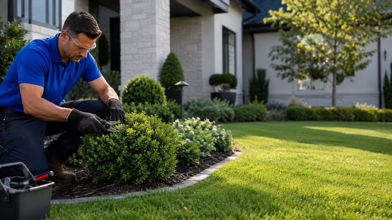 Landscaping crew member working on a professionally designed yard.