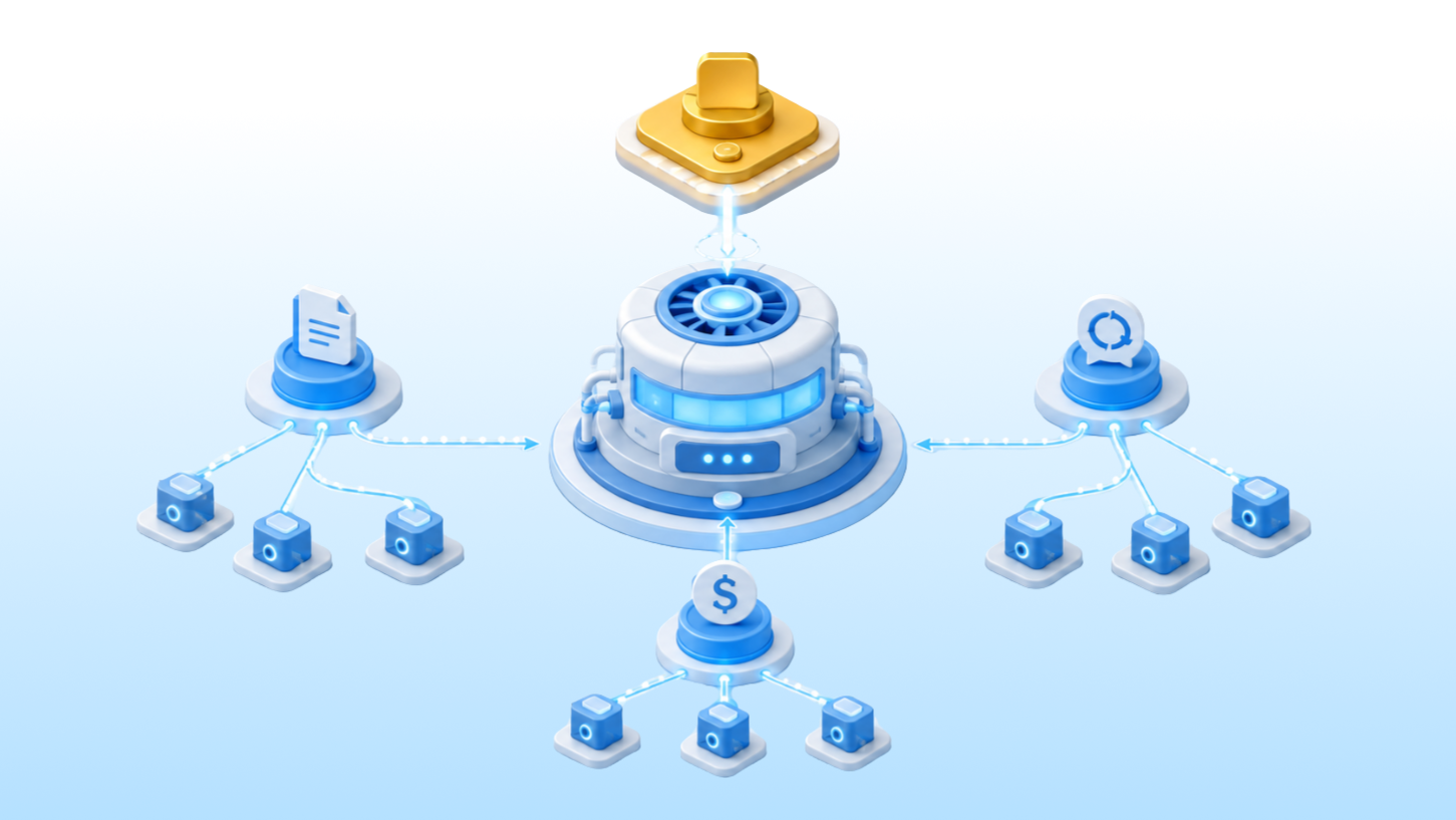 AI agents continuously operating the Revenue Engine around a central control system.