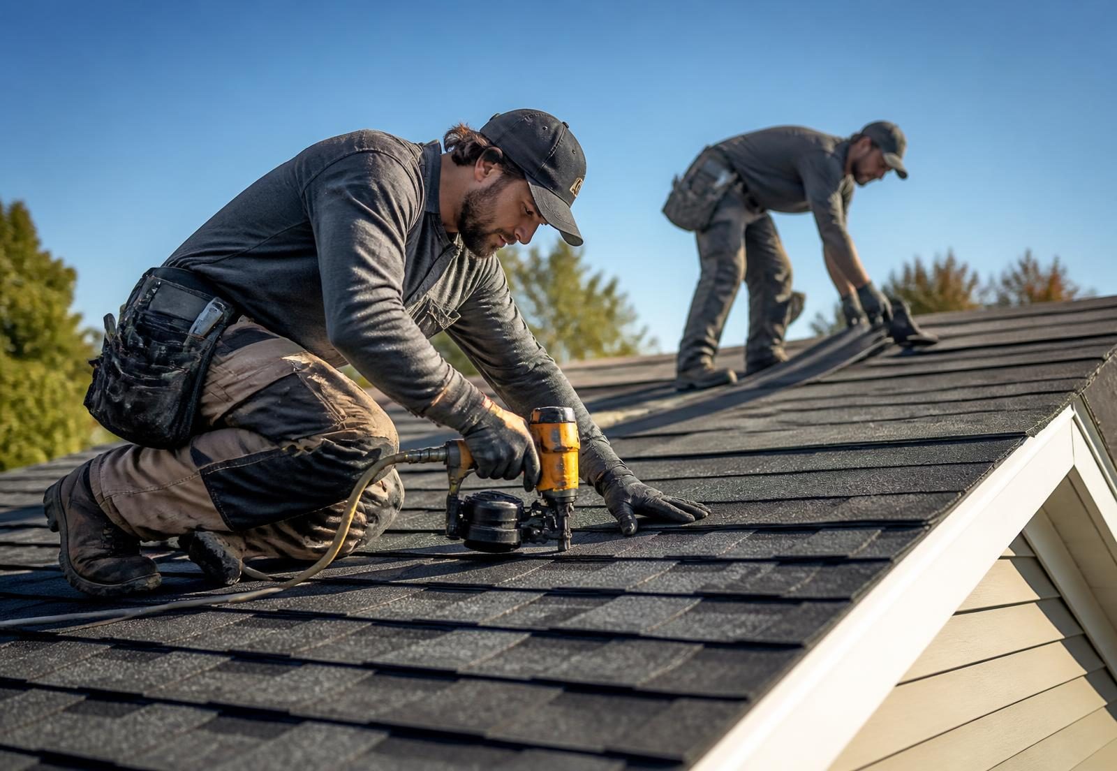 Roofing crew installing asphalt shingles on a residential roof.