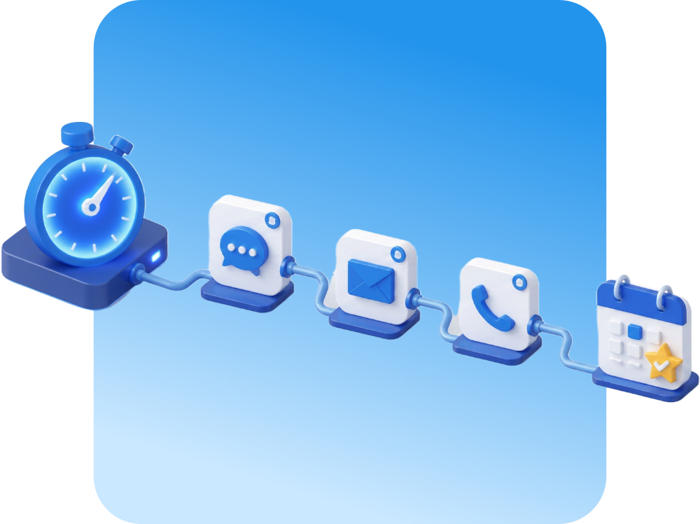 Isometric diagram of a timer connected to a follow-up cadence of messages ending in a booked appointment